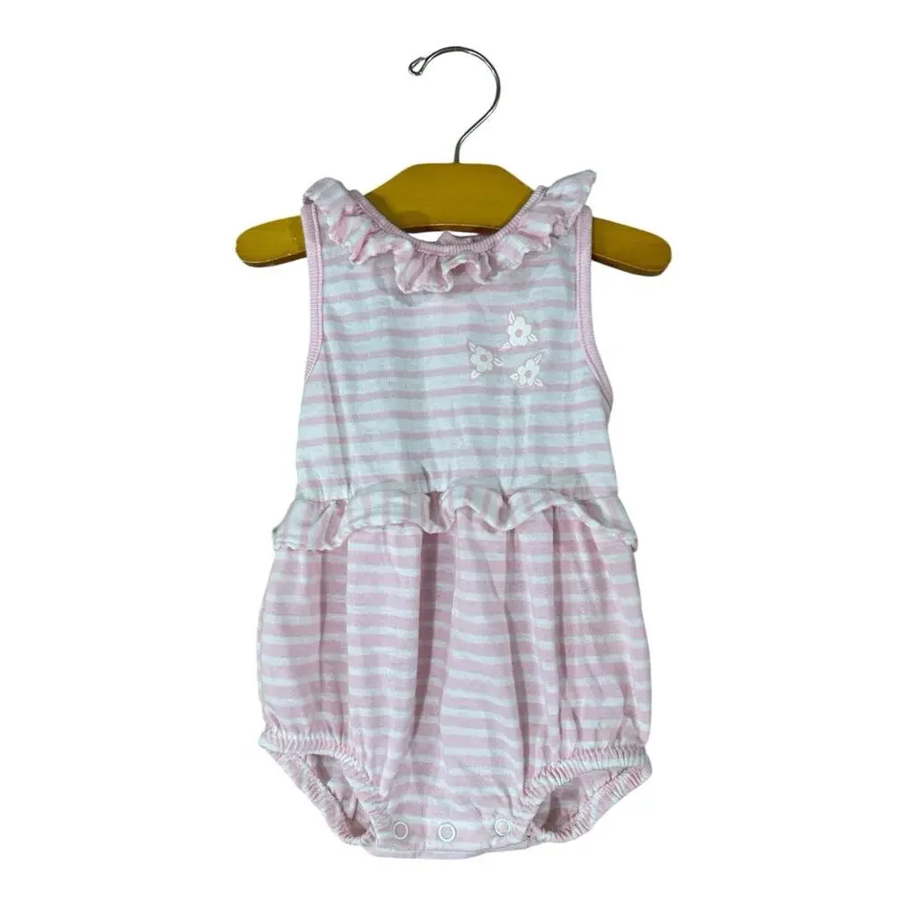 Vintage Buster Brown Baby Romper 18 Mo Pink Stripe Ruffle Flowers MADE IN USA